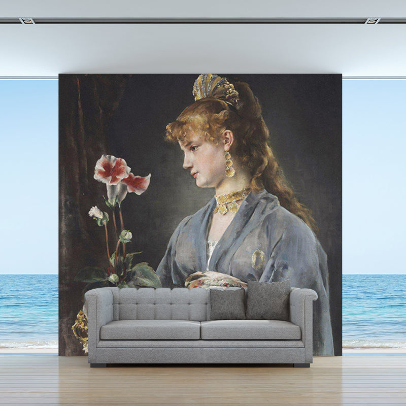 Whole Antique Wall Murals Blue and Grey Woman with Potted Vase Painting Wall Art Clearhalo 'Wall Decor' 'Wall Mural' 1150849