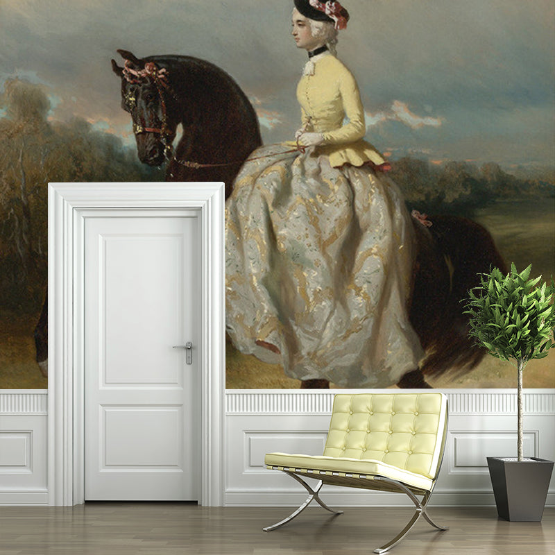 Woman on Prancing Horse Mural White and Brown Retro Style Wall Covering for Home Decor White-Brown Clearhalo 'Wall Decor' 'Wall Mural' 1150853