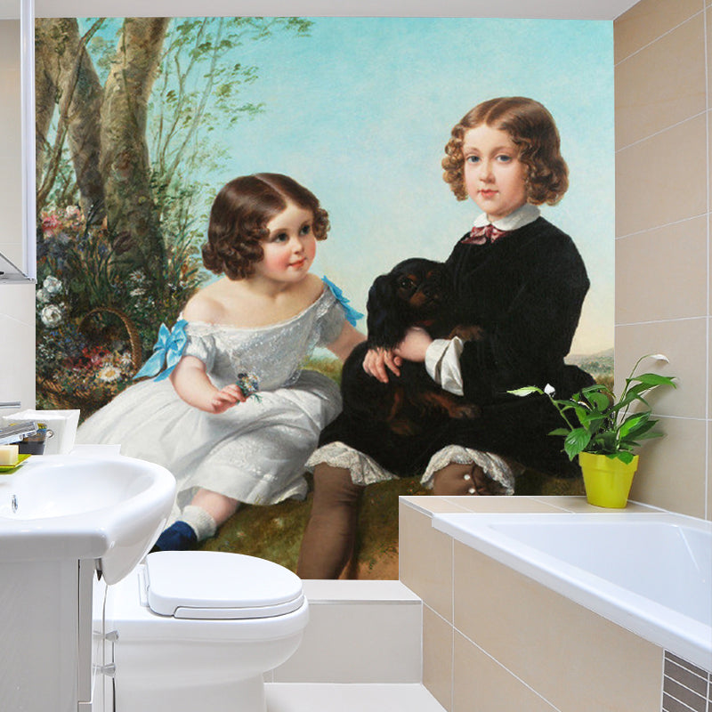 Classic Siblings Portrait Mural Wallpaper Blue-Brown Stain Resistant Wall Art for Nursery Blue-Brown Clearhalo 'Wall Decor' 'Wall Mural' 1150858