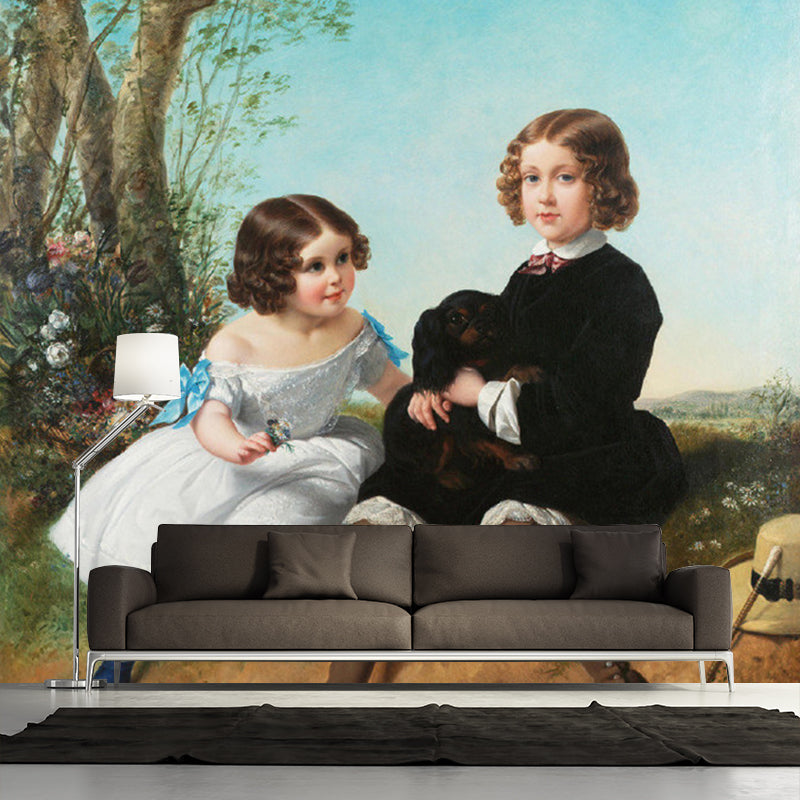 Classic Siblings Portrait Mural Wallpaper Blue-Brown Stain Resistant Wall Art for Nursery Clearhalo 'Wall Decor' 'Wall Mural' 1150859