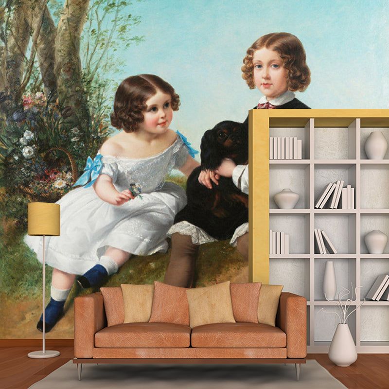 Classic Siblings Portrait Mural Wallpaper Blue-Brown Stain Resistant Wall Art for Nursery Clearhalo 'Wall Decor' 'Wall Mural' 1150860