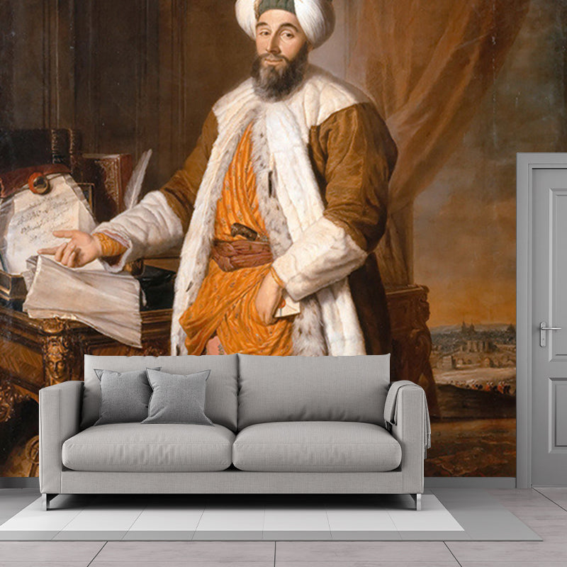 Portrait of Cairo Man Murals Retro Moisture Resistant Living Room Wall Decoration in Orange Clearhalo 'Wall Decor' 'Wall Mural' 1150874