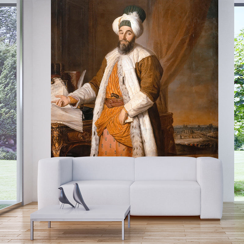 Portrait of Cairo Man Murals Retro Moisture Resistant Living Room Wall Decoration in Orange Clearhalo 'Wall Decor' 'Wall Mural' 1150875