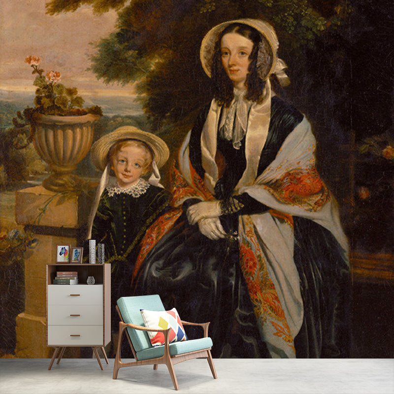 Non-Woven Waterproof Mural Classical Mother and Her Girl Oil Painting Wall Decor in Black-Brown Black-Brown Clearhalo 'Wall Decor' 'Wall Mural' 1150928