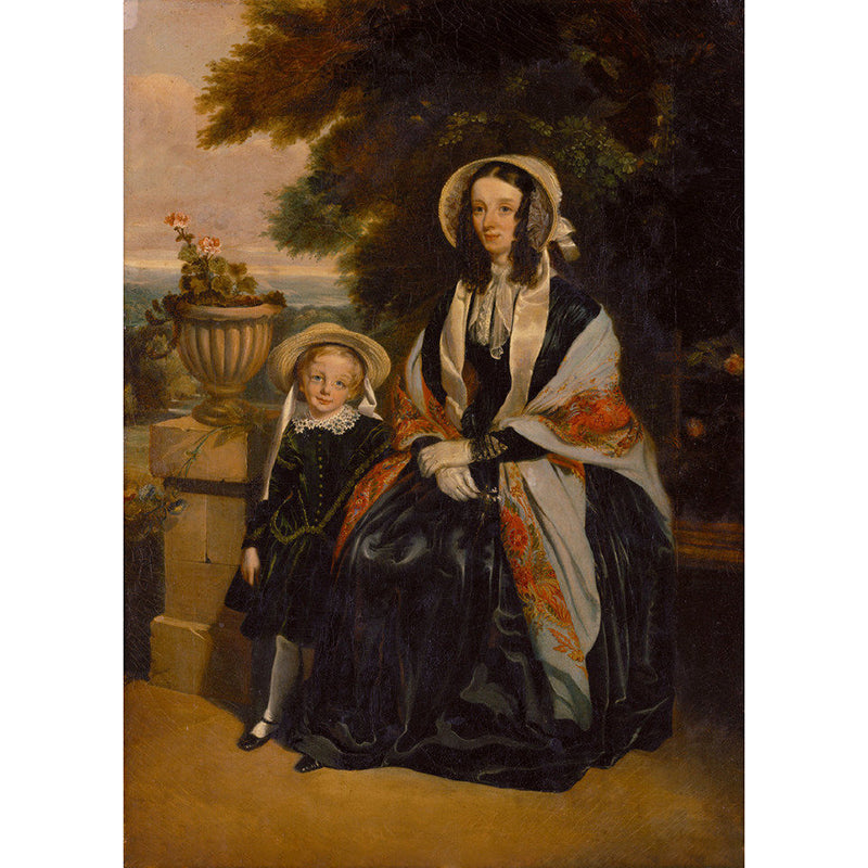 Non-Woven Waterproof Mural Classical Mother and Her Girl Oil Painting Wall Decor in Black-Brown Clearhalo 'Wall Decor' 'Wall Mural' 1150931