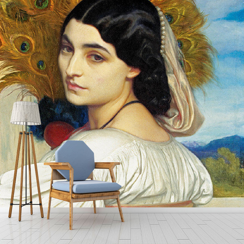 Classic Girl's Murals Wallpaper with Pavonia Portrait Pattern Blue-Yellow-White Wall Decor Blue-Yellow-White Clearhalo 'Wall Decor' 'Wall Mural' 1150968