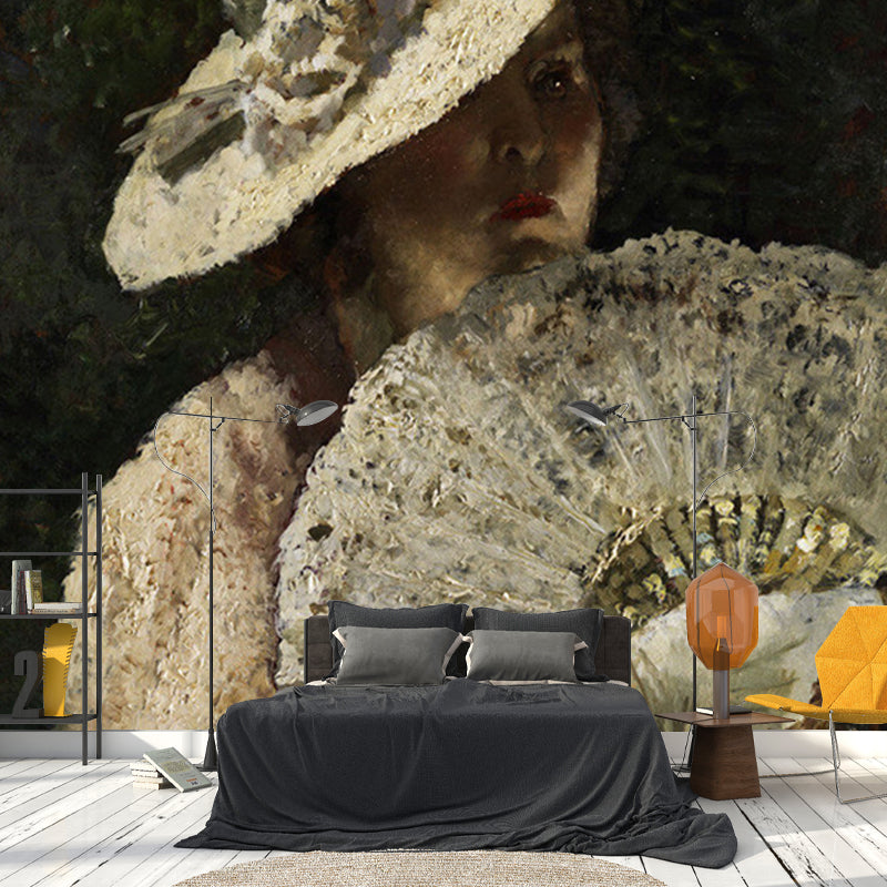 Brown Victorian Style Murals Wallpaper Large Lady Holding A Fan Wall Art for Accent Wall Clearhalo 'Wall Decor' 'Wall Mural' 1150990