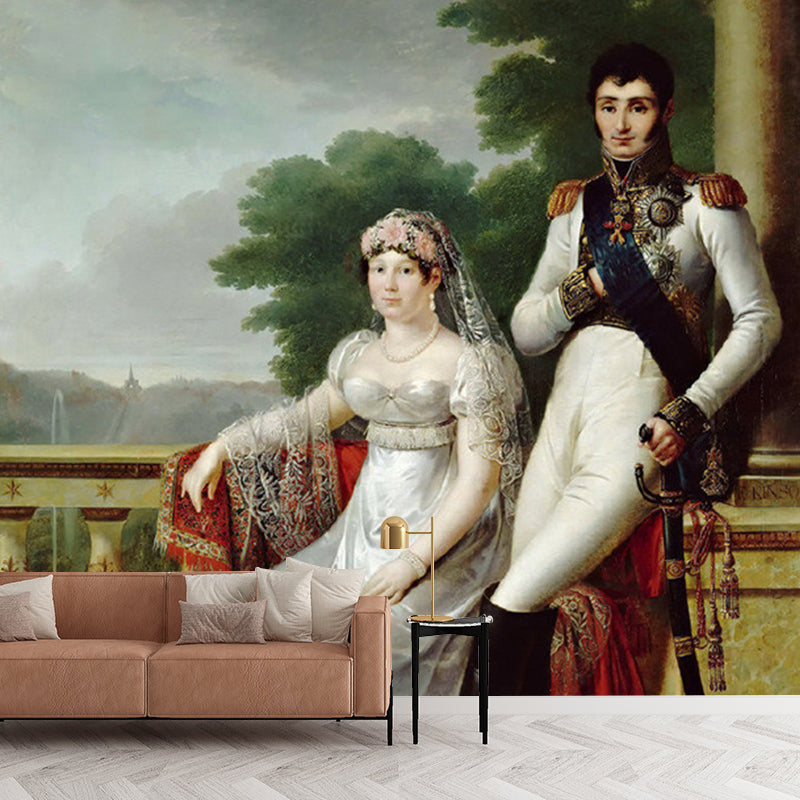 Portrait Royal Wedding Mural Wallpaper Ancient Non-Woven Cloth Wall Decor in White-Brown Clearhalo 'Wall Decor' 'Wall Mural' 1151000