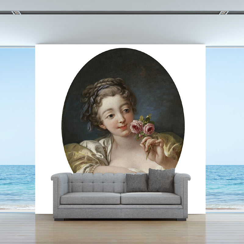 Retro Girl with Roses Murals Yellow-Grey Stain Resistant Wall Covering for Stairway Yellow-Gray Clearhalo 'Wall Decor' 'Wall Mural' 1151053