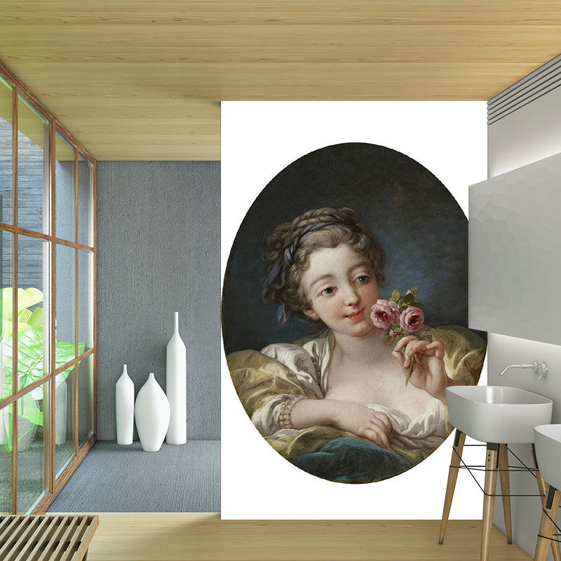 Retro Girl with Roses Murals Yellow-Grey Stain Resistant Wall Covering for Stairway Clearhalo 'Wall Decor' 'Wall Mural' 1151054