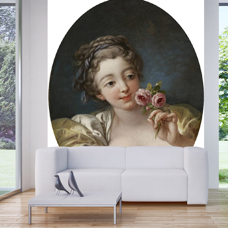 Retro Girl with Roses Murals Yellow-Grey Stain Resistant Wall Covering for Stairway Clearhalo 'Wall Decor' 'Wall Mural' 1151055