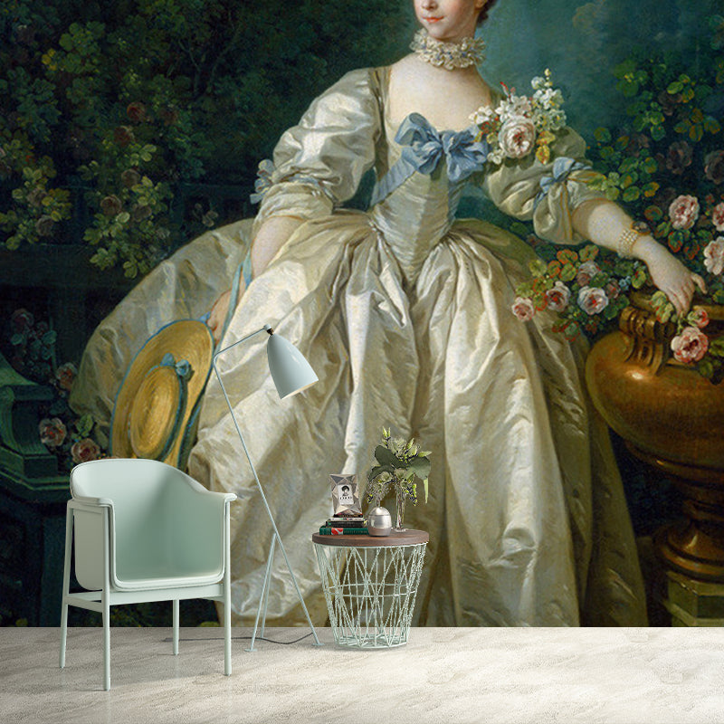 Madame Bergeret Portrait Wall Mural Victoria Non-Woven Wall Covering in White-Green White-Green Clearhalo 'Wall Decor' 'Wall Mural' 1151073