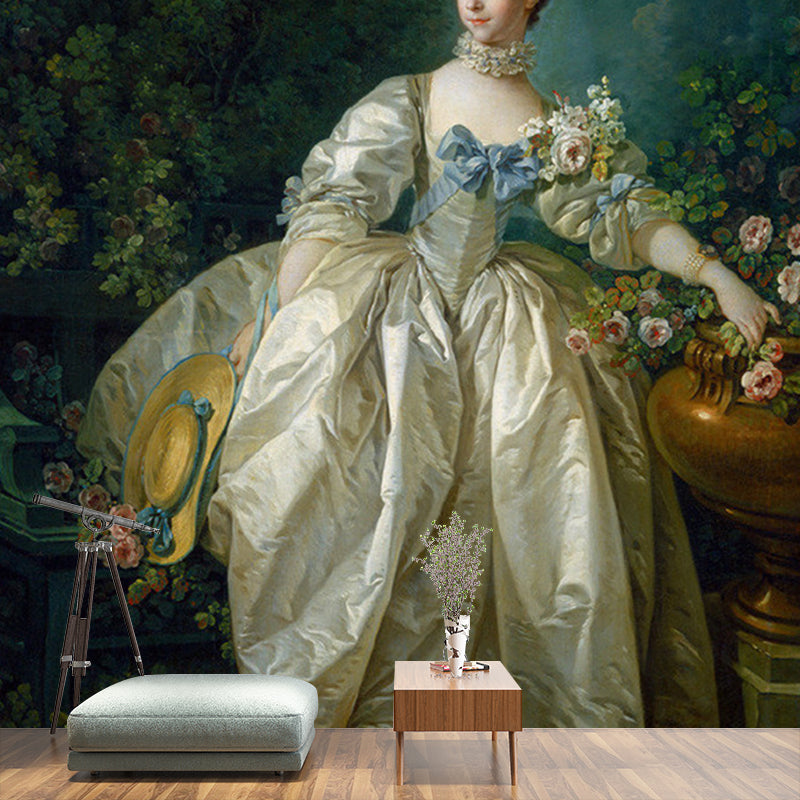 Madame Bergeret Portrait Wall Mural Victoria Non-Woven Wall Covering in White-Green Clearhalo 'Wall Decor' 'Wall Mural' 1151074