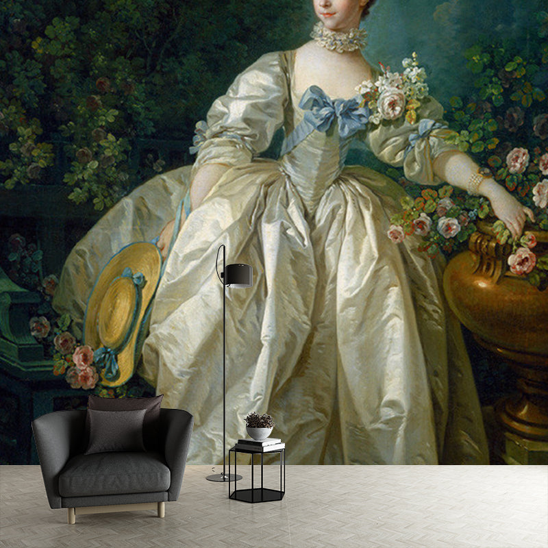 Madame Bergeret Portrait Wall Mural Victoria Non-Woven Wall Covering in White-Green Clearhalo 'Wall Decor' 'Wall Mural' 1151075