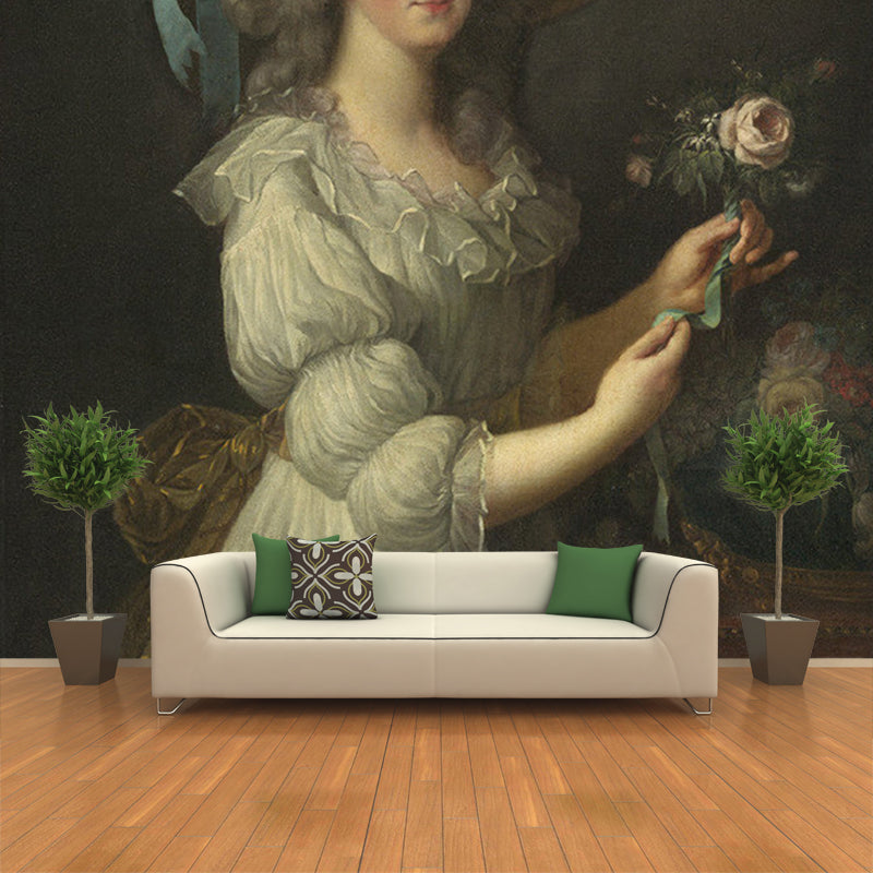 Full-Size Illustration Victorian Murals with Marie-Antoinette and the Rose Pattern in Grey-White Clearhalo 'Wall Decor' 'Wall Mural' 1151105