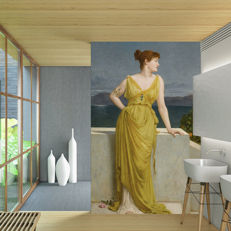 Giant Lady Wall Mural Decal in Yellow and Brown Non-Woven Fabric Wall Decor for Living Room, Made to Measure Yellow-Brown Clearhalo 'Wall Decor' 'Wall Mural' 1151396