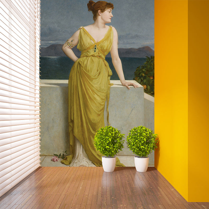 Giant Lady Wall Mural Decal in Yellow and Brown Non-Woven Fabric Wall Decor for Living Room, Made to Measure Clearhalo 'Wall Decor' 'Wall Mural' 1151398