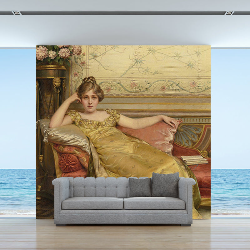 Brown and Yellow Woman Mural Moisture-Resistant Wall Art for Dining Room Decoration Clearhalo 'Wall Decor' 'Wall Mural' 1151407