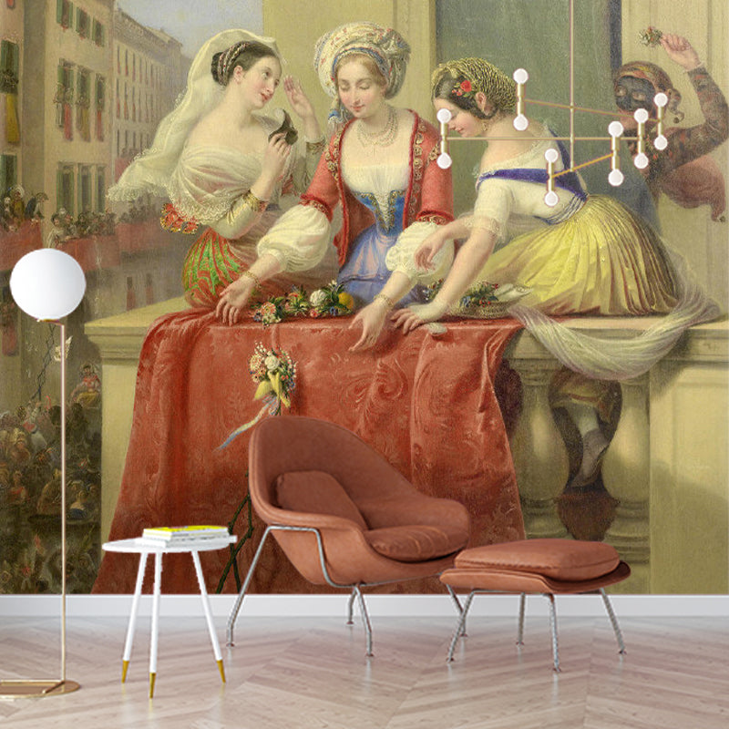 Big Illustration Retro Wall Mural for Accent Wall with Balcony and Ladies Design in Orange and Yellow Clearhalo 'Wall Decor' 'Wall Mural' 1151427