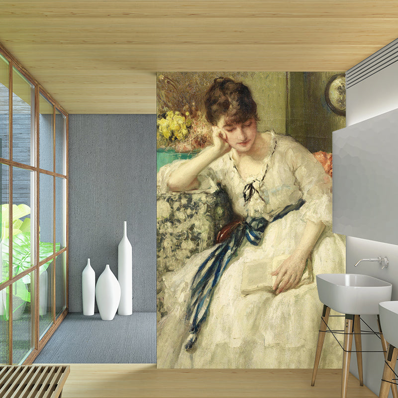 Whole European Wall Mural Decal in Beige and Yellow Genteel Woman Wall Art, Custom-Made Beige Clearhalo 'Wall Decor' 'Wall Mural' 1151441