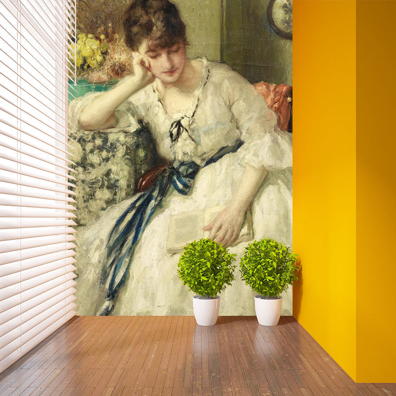 Whole European Wall Mural Decal in Beige and Yellow Genteel Woman Wall Art, Custom-Made Clearhalo 'Wall Decor' 'Wall Mural' 1151442