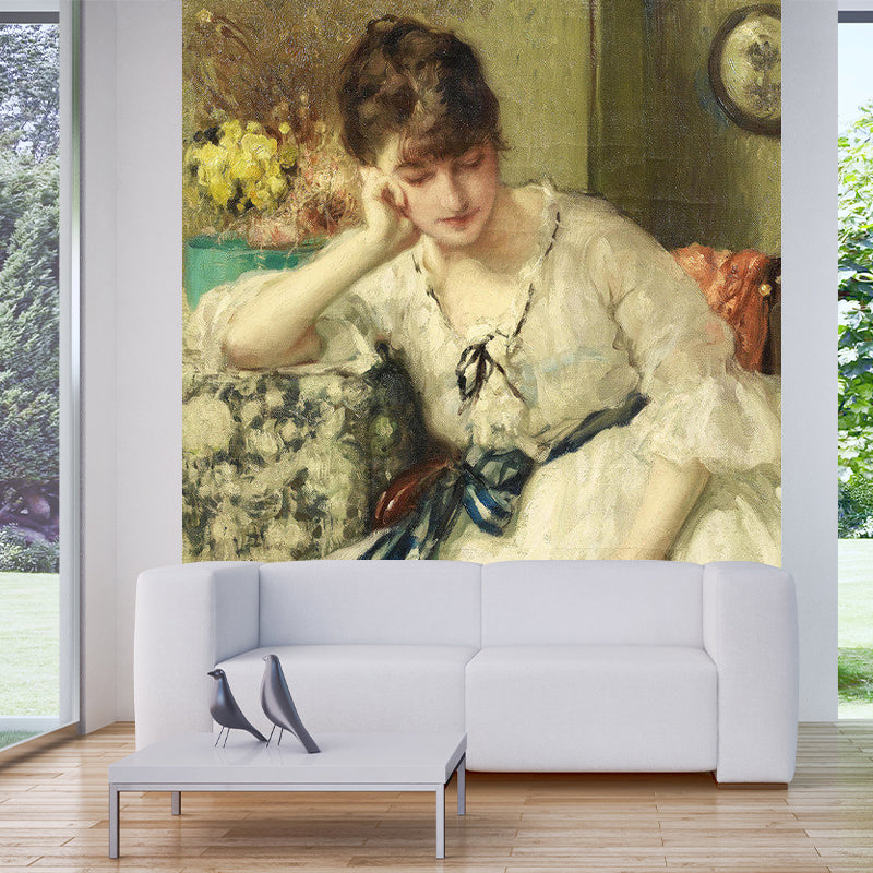 Whole European Wall Mural Decal in Beige and Yellow Genteel Woman Wall Art, Custom-Made Clearhalo 'Wall Decor' 'Wall Mural' 1151443