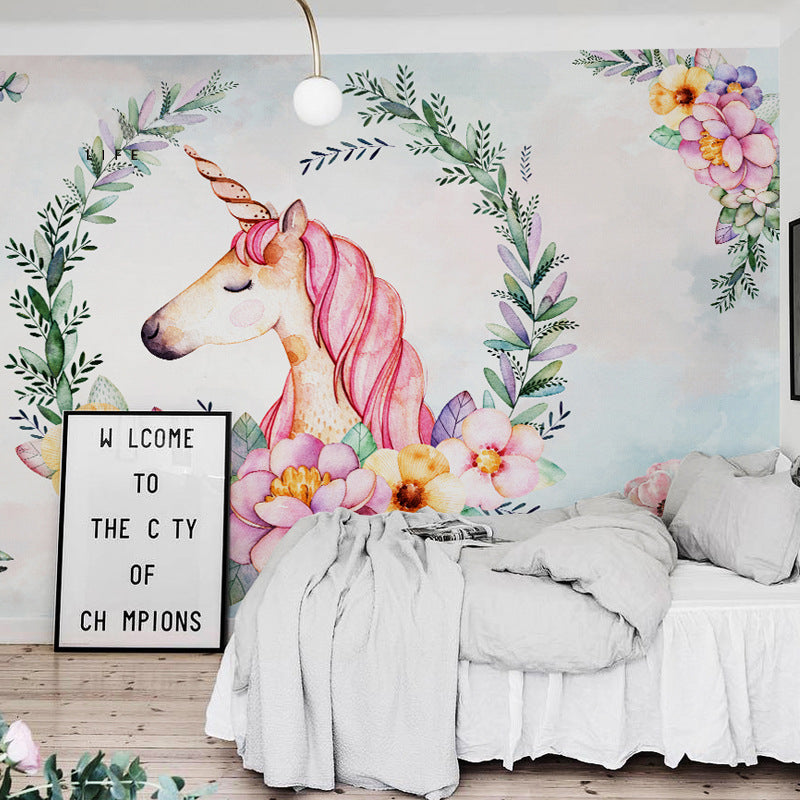 Full Size Cartoon Horse Mural Wallpaper in Pink Non-Woven Fabric Wall Decor for Girl's Bedroom, Made to Measure Pink Clearhalo 'Wall Decor' 'Wall Mural' 1151531