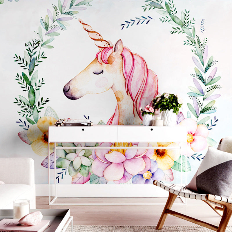 Full Size Cartoon Horse Mural Wallpaper in Pink Non-Woven Fabric Wall Decor for Girl's Bedroom, Made to Measure Clearhalo 'Wall Decor' 'Wall Mural' 1151532