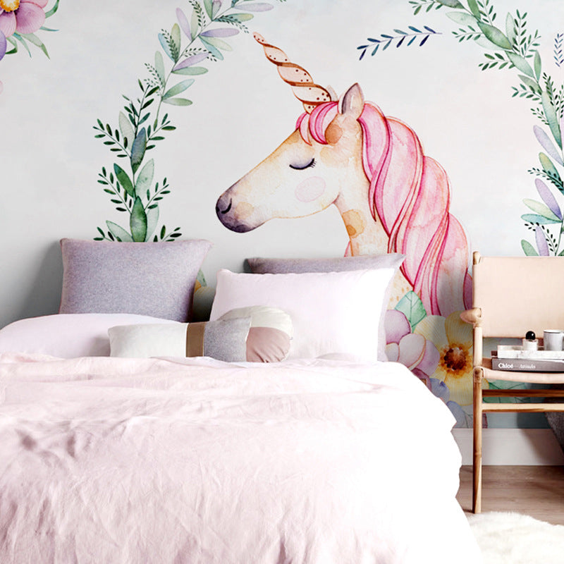 Full Size Cartoon Horse Mural Wallpaper in Pink Non-Woven Fabric Wall Decor for Girl's Bedroom, Made to Measure Clearhalo 'Wall Decor' 'Wall Mural' 1151533