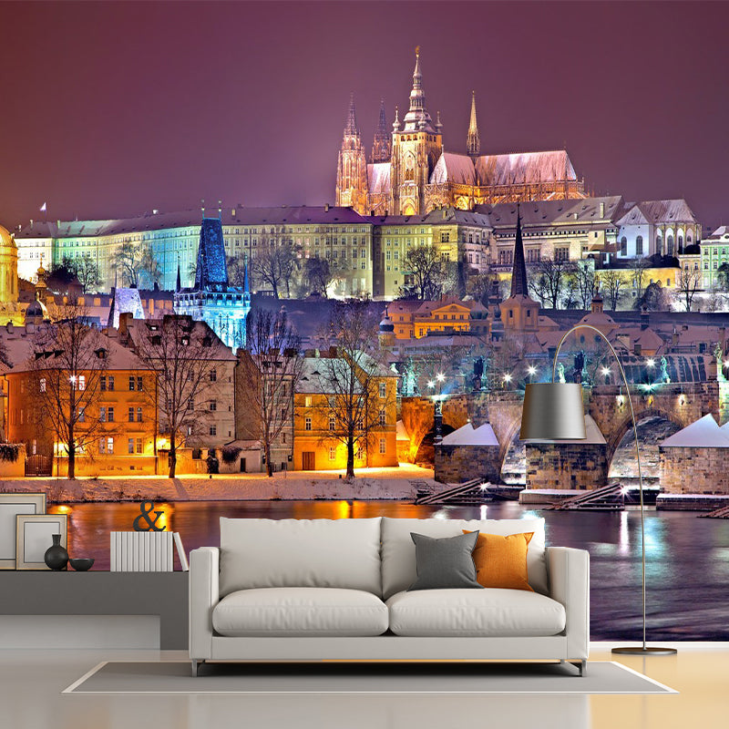 Extra Large Simple Wall Mural in Brown and Yellow Night City Wall Decor, Personalized Size Available Clearhalo 'Wall Decor' 'Wall Mural' 1151543