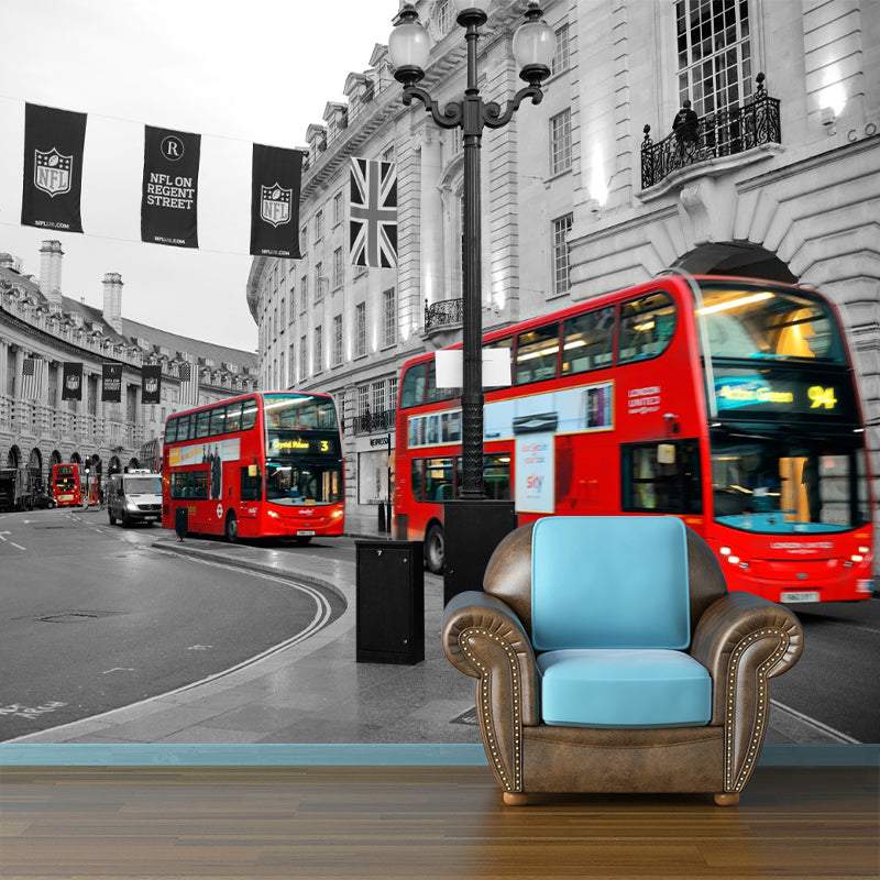 British Street and Bus Mural Wallpaper for Accent Wall, Red and Grey, Custom Size Available Clearhalo 'Wall Decor' 'Wall Mural' 1151552