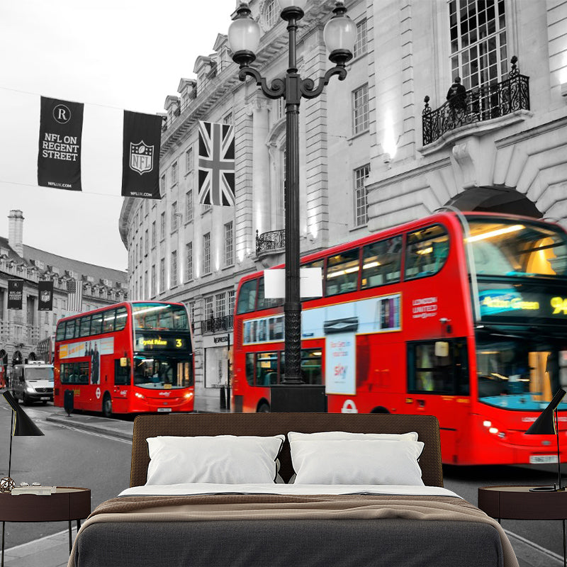 British Street and Bus Mural Wallpaper for Accent Wall, Red and Grey, Custom Size Available Clearhalo 'Wall Decor' 'Wall Mural' 1151553