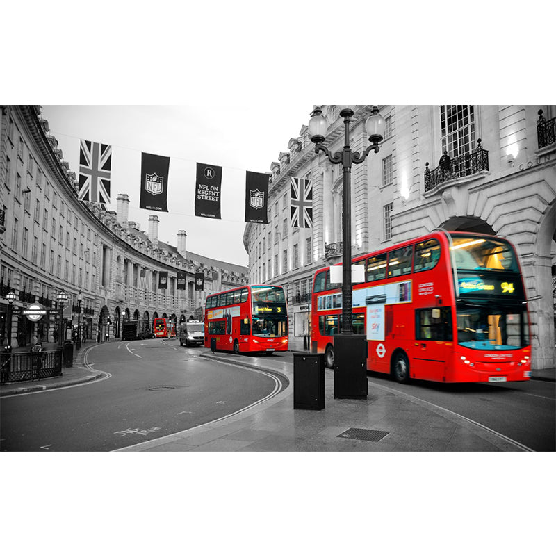 British Street and Bus Mural Wallpaper for Accent Wall, Red and Grey, Custom Size Available Clearhalo 'Wall Decor' 'Wall Mural' 1151554