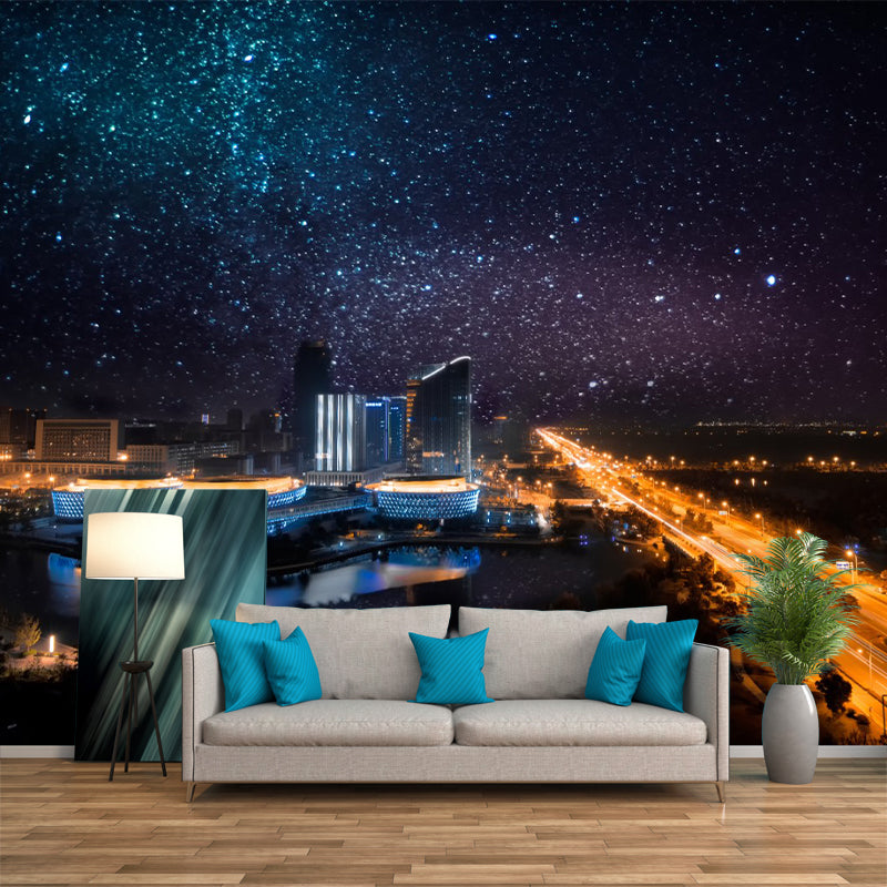 Starry City Wall Mural Decal for Home Decoration, Yellow and Blue, Custom Size Available Yellow-Blue Clearhalo 'Wall Decor' 'Wall Mural' 1151556