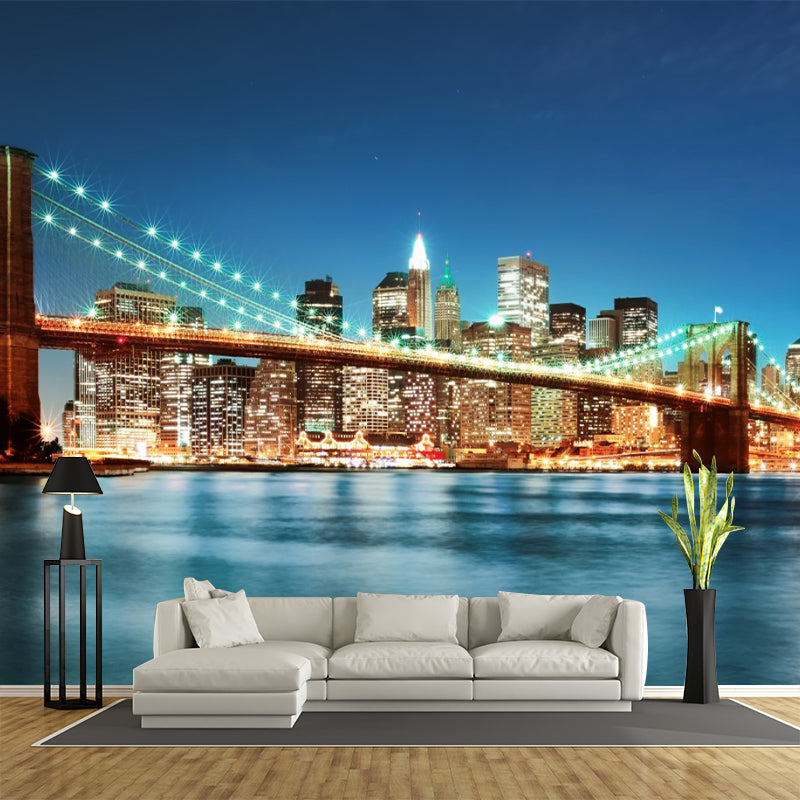 Waterproofing Bridge and River Mural Wallpaper Custom-Made Contemporary Wall Decor for Meeting Room Blue Clearhalo 'Wall Decor' 'Wall Mural' 1151576