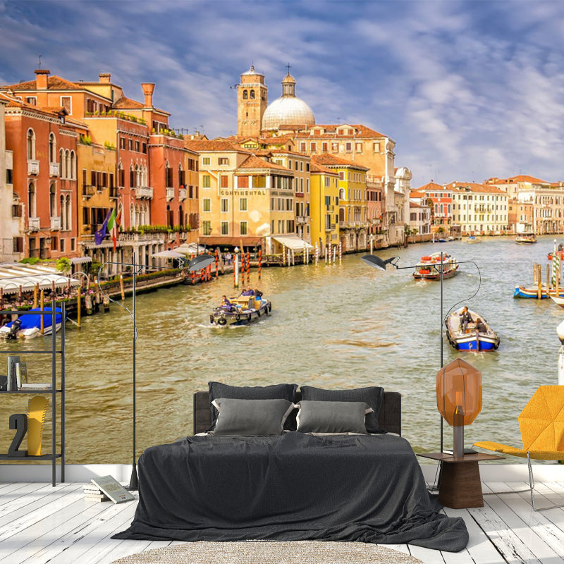 Moisture-Resistant Venice Town Wall Art Non-Woven Fabric Minimalist Wall Mural Decal for Living Room Blue-Brown Clearhalo 'Wall Decor' 'Wall Mural' 1151616