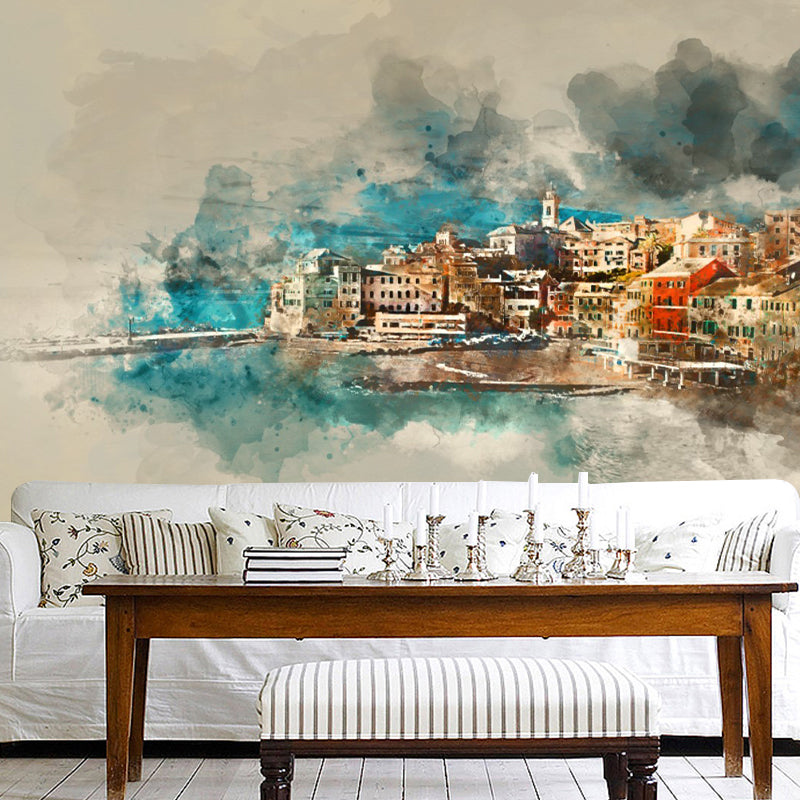 Full Contemporary Wall Mural Decal in Blue and Brown Port Town Wall Art, Made to Measure Clearhalo 'Wall Decor' 'Wall Mural' 1151622