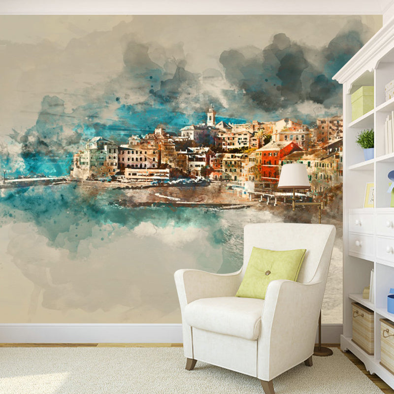 Full Contemporary Wall Mural Decal in Blue and Brown Port Town Wall Art, Made to Measure Clearhalo 'Wall Decor' 'Wall Mural' 1151623