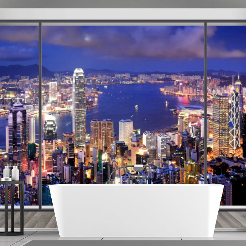 Modern City Scenery Wall Mural for Meeting Room Decoration, Custom-Made Wall Art in Blue and Purple Blue-Purple Clearhalo 'Wall Decor' 'Wall Mural' 1151646