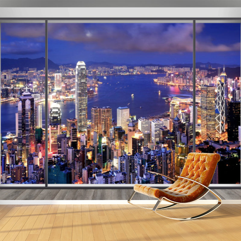 Modern City Scenery Wall Mural for Meeting Room Decoration, Custom-Made Wall Art in Blue and Purple Clearhalo 'Wall Decor' 'Wall Mural' 1151647