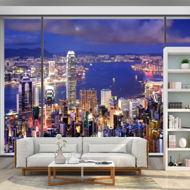 Modern City Scenery Wall Mural for Meeting Room Decoration, Custom-Made Wall Art in Blue and Purple Clearhalo 'Wall Decor' 'Wall Mural' 1151648