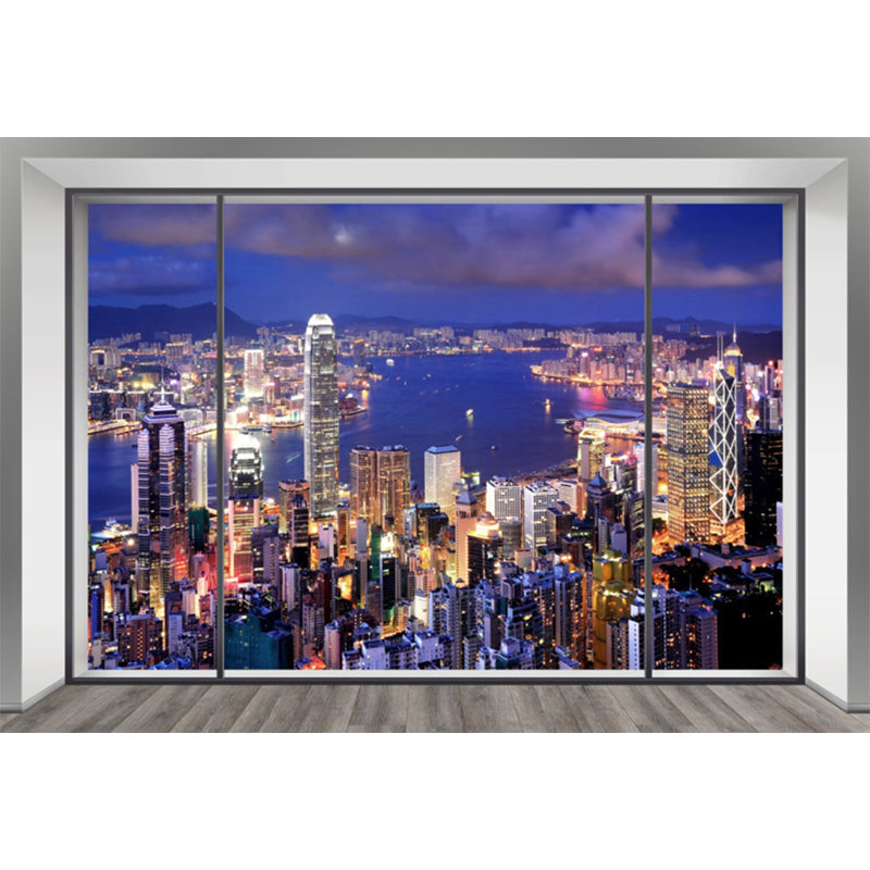 Modern City Scenery Wall Mural for Meeting Room Decoration, Custom-Made Wall Art in Blue and Purple Clearhalo 'Wall Decor' 'Wall Mural' 1151649