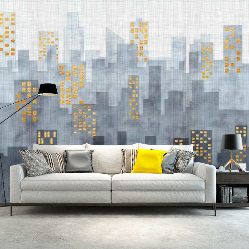 Full City Scenery Mural Wallpaper for Office Room Decor Illustration Wall Art in Grey, Water-Resistant Grey Clearhalo 'Wall Decor' 'Wall Mural' 1151651