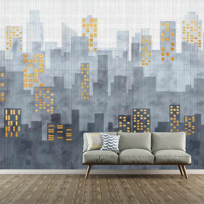 Full City Scenery Mural Wallpaper for Office Room Decor Illustration Wall Art in Grey, Water-Resistant Clearhalo 'Wall Decor' 'Wall Mural' 1151652