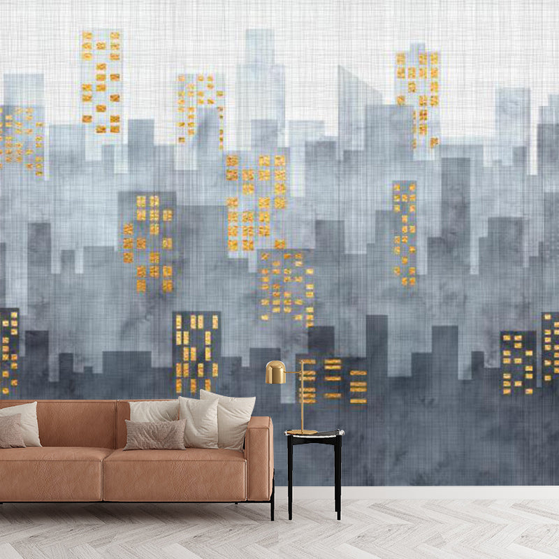 Full City Scenery Mural Wallpaper for Office Room Decor Illustration Wall Art in Grey, Water-Resistant Clearhalo 'Wall Decor' 'Wall Mural' 1151653