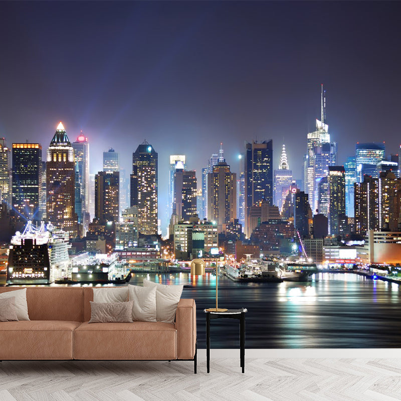 Photo Night City Wall Mural Decal Full Size Wall Covering for Accent Wall, Custom Size Available Gray-Purple Clearhalo 'Wall Decor' 'Wall Mural' 1151692