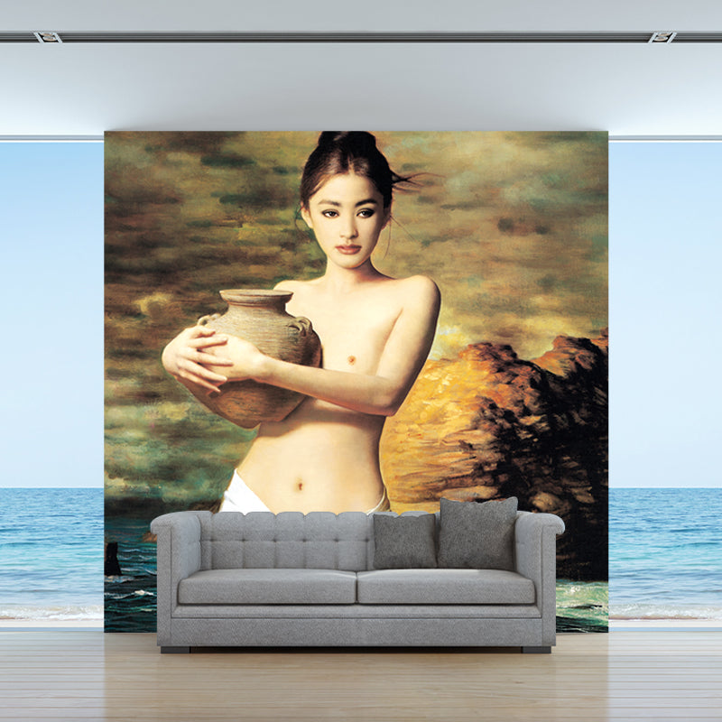 Non-Woven Stain-Resistant Mural Retro Girl with Water Pot Wall Covering in Brown-Green-Yellow Brown-Green-Yellow Clearhalo 'Wall Decor' 'Wall Mural' 1154195