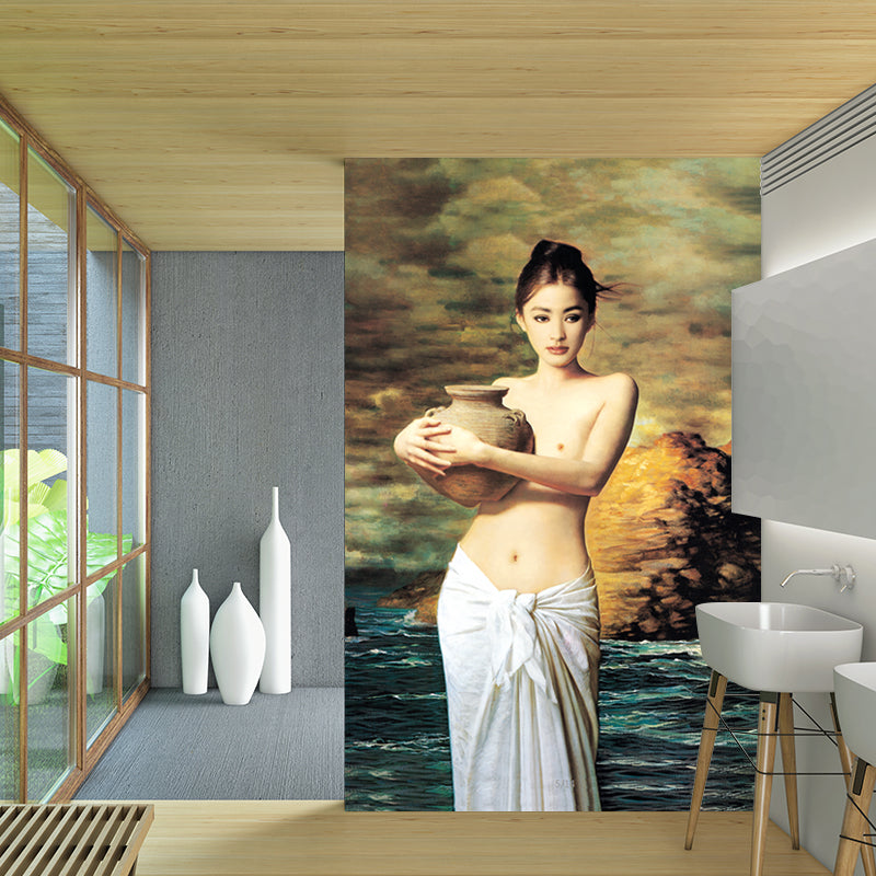 Non-Woven Stain-Resistant Mural Retro Girl with Water Pot Wall Covering in Brown-Green-Yellow Clearhalo 'Wall Decor' 'Wall Mural' 1154196