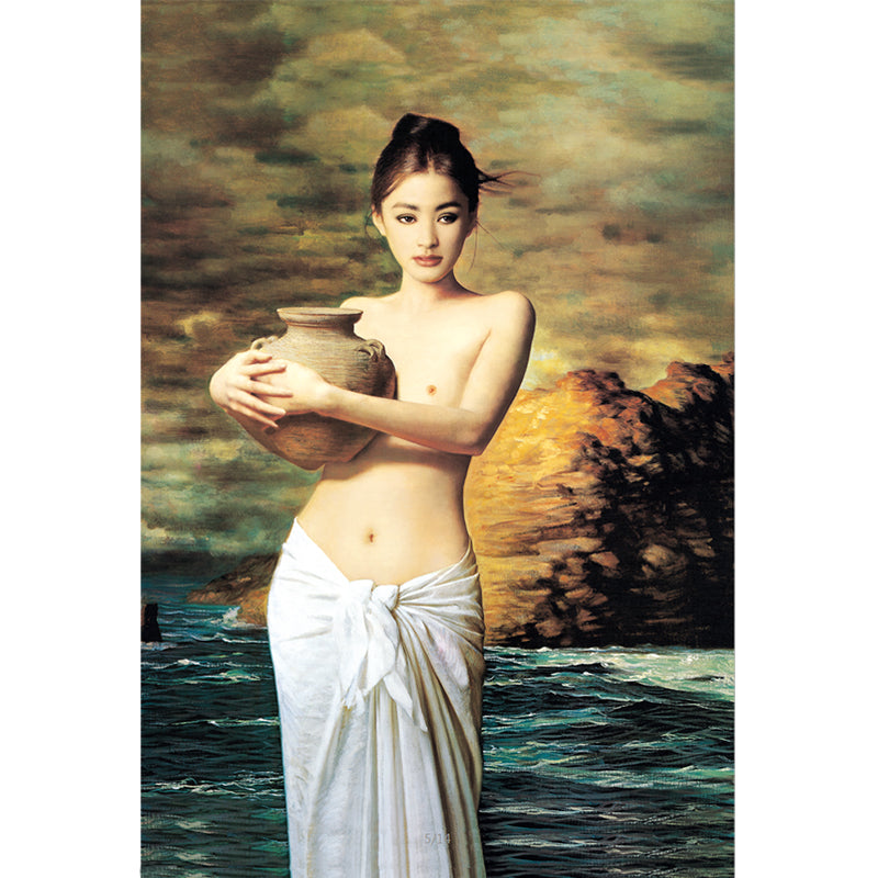 Non-Woven Stain-Resistant Mural Retro Girl with Water Pot Wall Covering in Brown-Green-Yellow Clearhalo 'Wall Decor' 'Wall Mural' 1154198