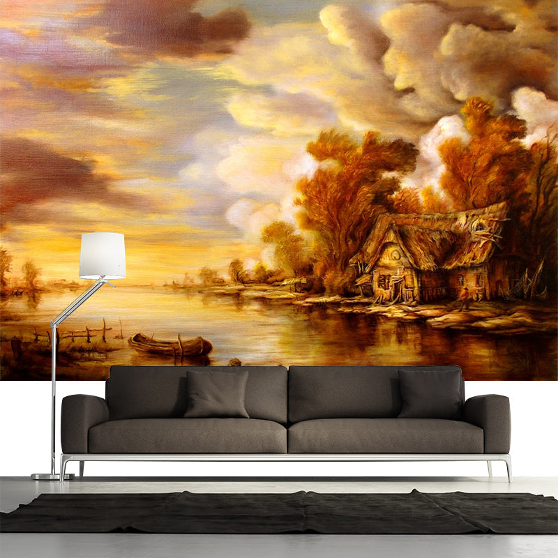 Brown Sunset Lake Mural Wallpaper Oil Painting Vintage Stain-Proof Wall Decor for Home Brown Clearhalo 'Wall Decor' 'Wall Mural' 1154200